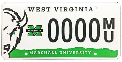 A West Virginia specialty collegiate license plate for Marshall University, featuring a bison mascot graphic on the left, the green Marshall 'M' logo, 'MARSHALL UNIVERSITY' printed along a green bottom border, and sample registration number 0000 MU