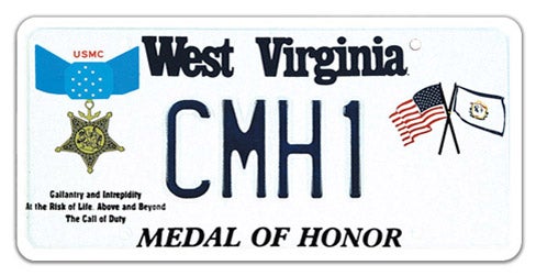 A West Virginia military specialty license plate honoring Medal of Honor recipients, featuring the Medal of Honor on the left, crossed American and West Virginia flags on the right, 'MEDAL OF HONOR' printed along the bottom, and sample registration CMH 1