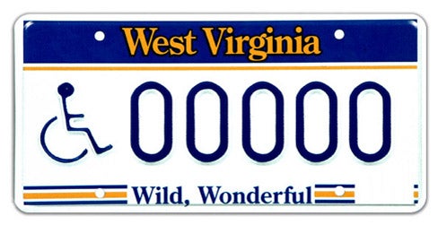 A West Virginia mobility-impaired license plate featuring a blue top header with gold 'West Virginia' text, the International Symbol of Access (wheelchair icon) on the left, 'Wild, Wonderful' printed along the bottom, and sample registration number 00000