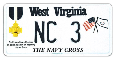 A West Virginia military specialty license plate honoring Navy Cross recipients, featuring the Navy Cross medal on the left, crossed American and West Virginia flags on the right, 'THE NAVY CROSS' printed along the bottom, and sample registration NC 3
