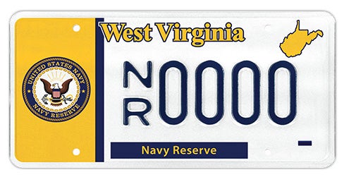 A West Virginia military specialty license plate for Navy Reserve personnel, featuring a gold vertical band on the left with the official U.S. Navy Reserve seal, 'Navy Reserve' printed along the bottom, and sample registration NR 0000