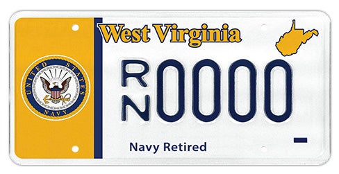 A West Virginia military specialty license plate honoring retired U.S. Navy personnel, featuring a gold vertical band on the left with the official U.S. Navy seal, 'Navy Retired' printed along the bottom, and sample registration RN 0000