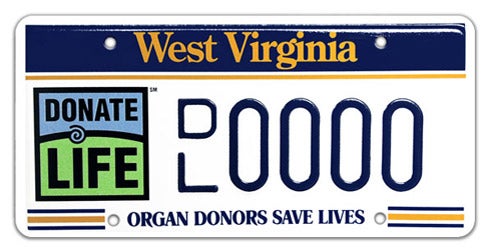 A West Virginia specialty license plate promoting organ donation, featuring a dark blue top header with gold 'West Virginia' text, the blue and green 'DONATE LIFE' logo on the left, 'ORGAN DONORS SAVE LIVES' printed along the bottom, and sample registration DL 0000