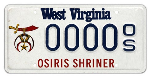 A West Virginia specialty license plate for Osiris Shriners, featuring the Shriner emblem of a scimitar, crescent, and star on the left, 'OSIRIS SHRINER' printed in red along the bottom, and sample registration 0000 OS