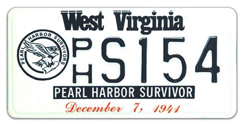 A West Virginia military specialty license plate honoring Pearl Harbor survivors, featuring the Pearl Harbor Survivors emblem on the left, 'PEARL HARBOR SURVIVOR' and 'December 7, 1941' printed along the bottom, and sample registration PH S154