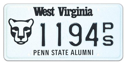 A West Virginia specialty license plate for Penn State Alumni, featuring the Penn State Nittany Lion logo on the left, 'PENN STATE ALUMNI' printed along the bottom, and sample registration 1194 PS