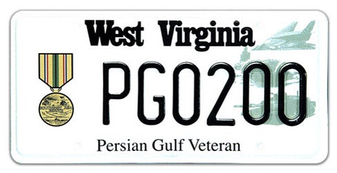 A West Virginia military specialty license plate honoring Persian Gulf Veterans, featuring the Southwest Asia Service Medal on the left, a faint background graphic of military vehicles on the right, 'Persian Gulf Veteran' printed along the bottom, and sample registration PG0200