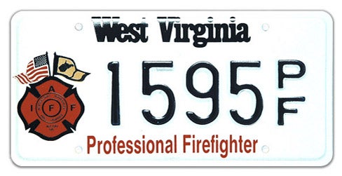 A West Virginia specialty license plate for professional firefighters, featuring a red Maltese cross emblem topped with crossed American and West Virginia flags on the left, 'Professional Firefighter' printed in red along the bottom, and sample registration 1595 PF