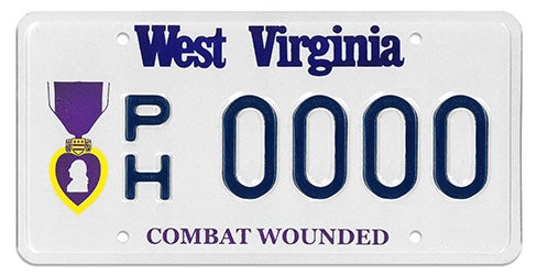 A West Virginia military specialty license plate honoring combat-wounded veterans, featuring the Purple Heart medal on the left, 'COMBAT WOUNDED' printed in purple along the bottom, and sample registration PH 0000