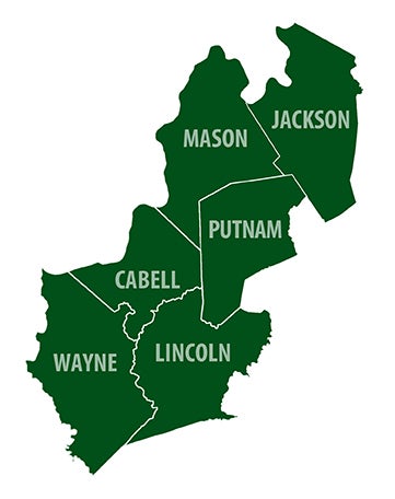 A map highlighting a specific region of West Virginia in dark green, showing the contiguous counties of Mason, Jackson, Cabell, Putnam, Wayne, and Lincoln