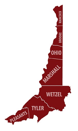 A map highlighting a specific region of West Virginia in dark red, showing the contiguous counties of Hancock, Brooke, Ohio, Marshall, Wetzel, Tyler, and Pleasants