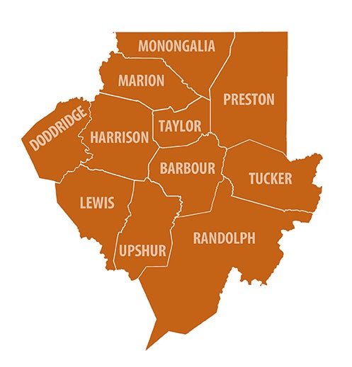 A map highlighting a specific region of West Virginia in orange, showing the contiguous counties of Monongalia, Marion, Preston, Doddridge, Harrison, Taylor, Barbour, Tucker, Lewis, Upshur, and Randolph