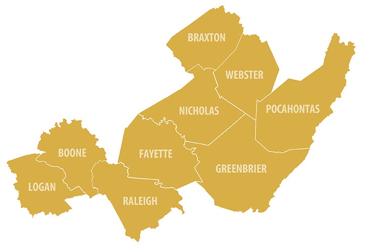 A map highlighting a specific region of West Virginia in gold, showing the contiguous counties of Braxton, Webster, Pocahontas, Nicholas, Greenbrier, Fayette, Raleigh, Boone, and Logan
