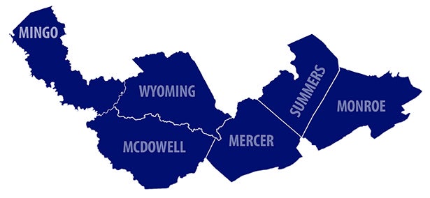 A map highlighting a specific region of West Virginia in dark blue, showing the contiguous counties of Mingo, Wyoming, McDowell, Mercer, Summers, and Monroe