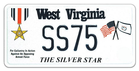 A West Virginia military specialty license plate honoring Silver Star recipients, featuring the Silver Star medal illustration on the left above the text 'For Gallantry In Action Against An Opposing Armed Force', crossed American and West Virginia state flags on the right, 'THE SILVER STAR' printed along the bottom, and sample registration SS75