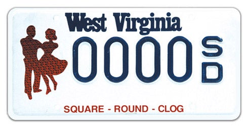 A West Virginia specialty license plate for dancing enthusiasts, featuring a reddish-brown silhouette of a dancing couple on the left, 'SQUARE - ROUND - CLOG' printed in red along the bottom, and sample registration 0000 SD