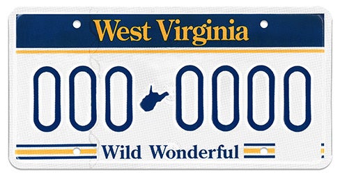 A standard-issue West Virginia license plate featuring a blue top header with gold 'West Virginia' text, a small state outline separating the sample registration numbers '000-0000', and 'Wild, Wonderful' printed in blue along the bottom