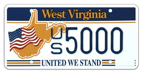 A patriotic West Virginia specialty license plate featuring a gold outline map of West Virginia with an American flag graphic on the left, 'UNITED WE STAND' printed along the bottom, and sample registration US 5000