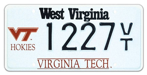 A West Virginia collegiate specialty license plate for Virginia Tech, featuring the maroon and orange VT logo above 'HOKIES' on the left, 'VIRGINIA TECH' printed along the bottom, and sample registration 1227 VT.
