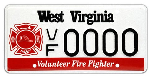A West Virginia specialty license plate for volunteer firefighters, featuring a red Maltese cross emblem on the left, a red band at the bottom with white text reading 'Volunteer Fire Fighter', and sample registration VF 0000