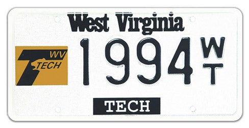 A West Virginia collegiate specialty license plate for West Virginia University Institute of Technology, featuring a gold square logo with a black letter 'T' and 'WV TECH' on the left, 'TECH' in a black box along the bottom, and sample registration 1994 WT