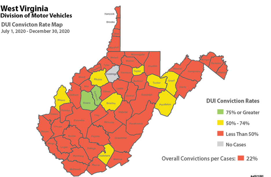 Color-coded West Virginia DUI Conviction Rate Map by county from July 1 to December 30, 2020, published by the Division of Motor Vehicles. Calhoun County is highlighted in green for conviction rates of 75% or greater, several counties are yellow for 50% to 74%, Doddridge County is gray for no cases, and the majority of counties are red for under 50%, with an overall state rate of 22%