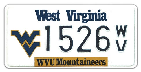 A West Virginia collegiate specialty license plate for West Virginia University, featuring the gold and blue 'Flying WV' logo on the left, a gold strip at the bottom reading 'WVU Mountaineers', and sample registration 1526 WV