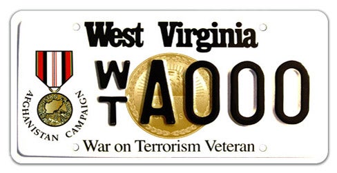 A West Virginia military specialty license plate honoring War on Terrorism veterans of the Afghanistan Campaign, featuring the Afghanistan Campaign Medal illustration on the left, a central gold seal background design, 'War on Terrorism Veteran' printed along the bottom, and sample registration WTA000
