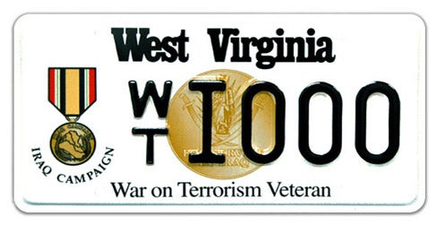 A West Virginia military specialty license plate honoring War on Terrorism veterans of the Iraq Campaign, featuring the Iraq Campaign Medal graphic on the left, a central gold seal background design, 'War on Terrorism Veteran' printed along the bottom, and sample registration WTI000