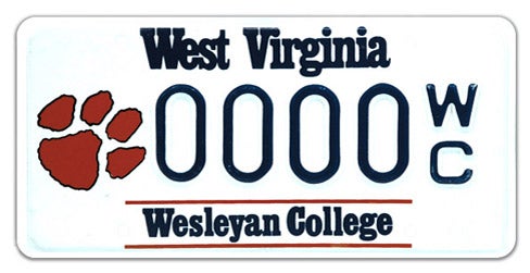 A West Virginia collegiate specialty license plate for West Virginia Wesleyan College, featuring an orange paw print logo on the left, 'Wesleyan College' printed along the bottom, and sample registration 0000 WC