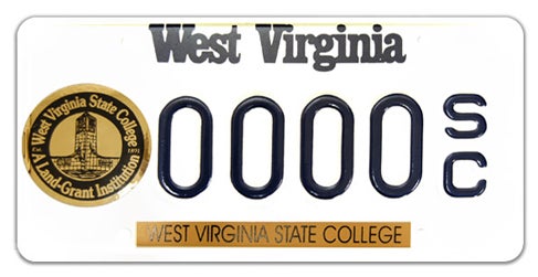 A West Virginia collegiate specialty license plate for West Virginia State College, featuring a circular gold seal emblem on the left, a gold strip at the bottom with text reading 'WEST VIRGINIA STATE COLLEGE', and sample registration 0000 SC