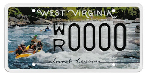 A West Virginia specialty license plate featuring a full-graphic background of people whitewater rafting down river rapids, with 'WEST VIRGINIA' in white script across the top, 'almost heaven' in script along the bottom, and sample registration WR 0000