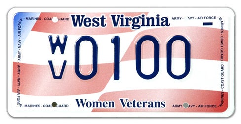 A West Virginia specialty license plate honoring women veterans, featuring an American flag graphic background, borders listing military branches (Army, Navy, Air Force, Marines, Coast Guard), 'Women Veterans' printed along the bottom, and sample registration WV 0100