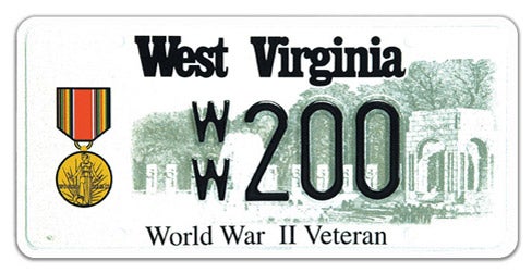 A West Virginia military specialty license plate honoring World War II veterans, featuring the World War II Victory Medal graphic on the left, a faded background illustration of a memorial site, 'World War II Veteran' printed along the bottom, and sample registration WW 200