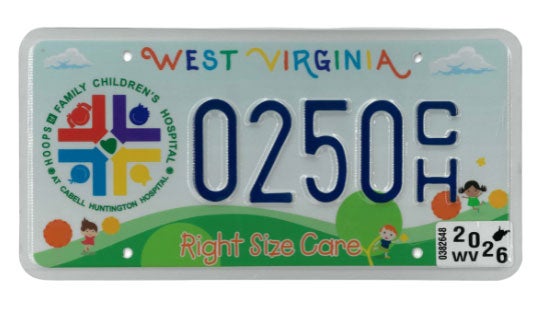 A West Virginia specialty license plate supporting Hoops Family Children's Hospital at Cabell Huntington Hospital, featuring the hospital's logo on the left, a colorful hill graphic reading 'Right Size Care' along the bottom, and sample registration number 0250 CH