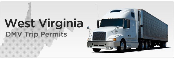 A promotional banner for West Virginia DMV Trip Permits showing a white semi-truck hauling a trailer on the right, with a dotted outline map of West Virginia and the bold text 'West Virginia DMV Trip Permits' on the left