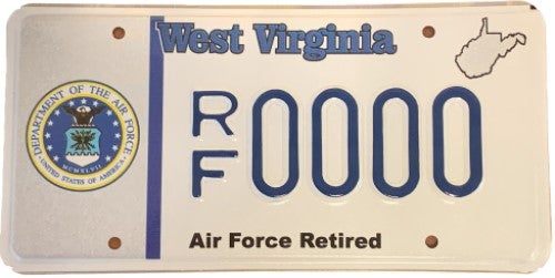 A West Virginia military license plate labeled 'Air Force Retired' along the bottom, featuring the official Department of the Air Force emblem on the left, a state outline in the top right, and registration number RF 0000