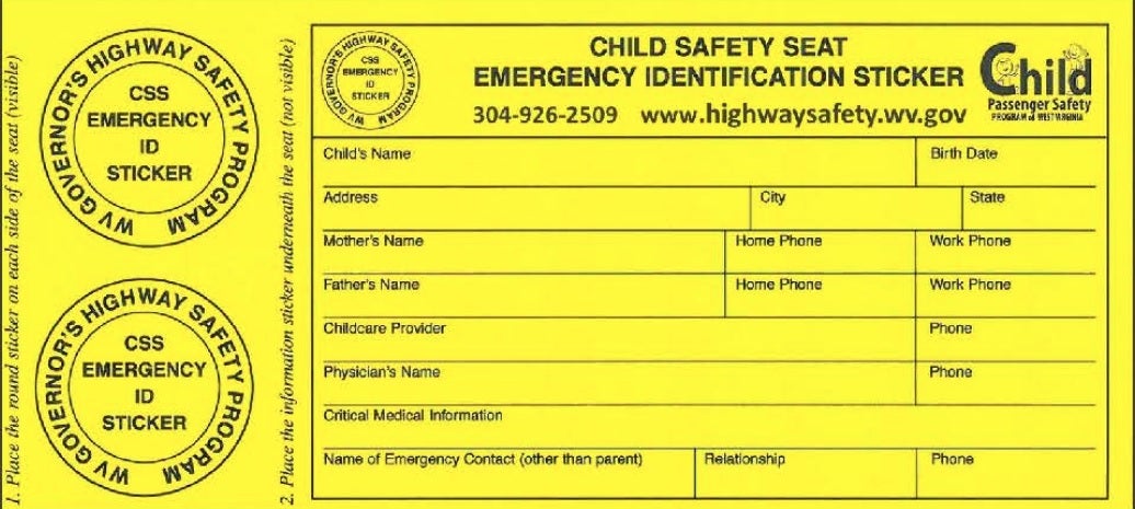 A bright yellow West Virginia Child Safety Seat Emergency Identification Sticker sheet, featuring two circular visible stickers on the left and a detailed child medical and emergency contact form on the right to be placed under a car seat