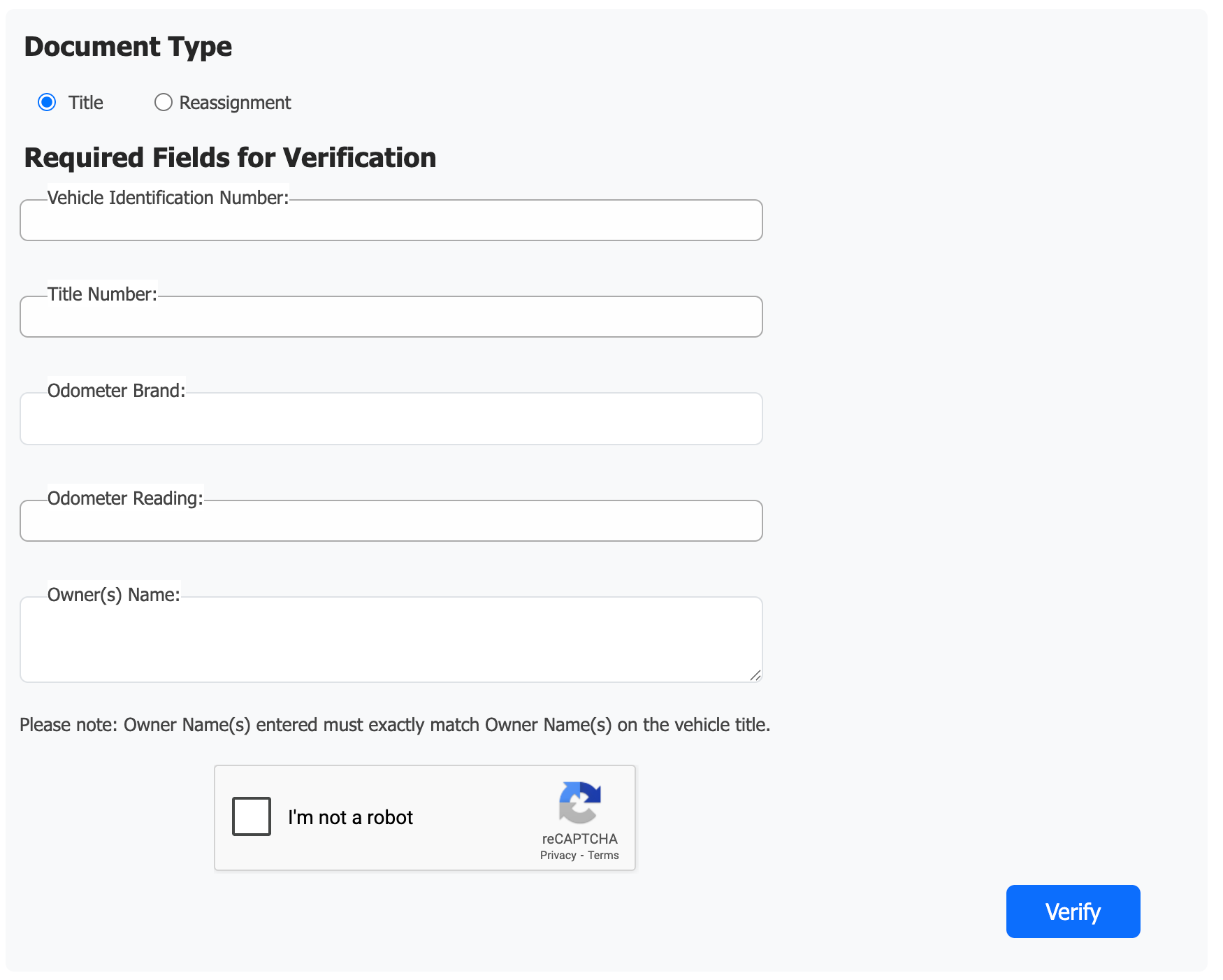 A web verification form for West Virginia digital vehicle titles, featuring input fields for Vehicle Identification Number, Title Number, Odometer Brand, Odometer Reading, and Owner(s) Name, along with a reCAPTCHA check and a blue 'Verify' button.