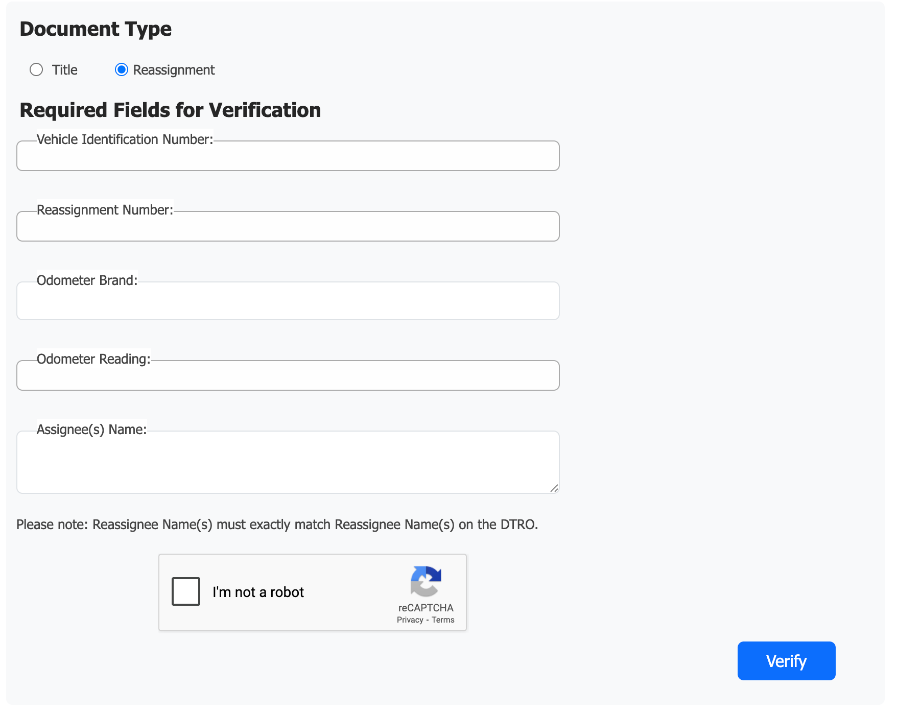 A web verification form for West Virginia digital title reassignment, showing the 'Reassignment' document type selected with input fields for Vehicle Identification Number, Reassignment Number, Odometer Brand, Odometer Reading, and Assignee(s) Name