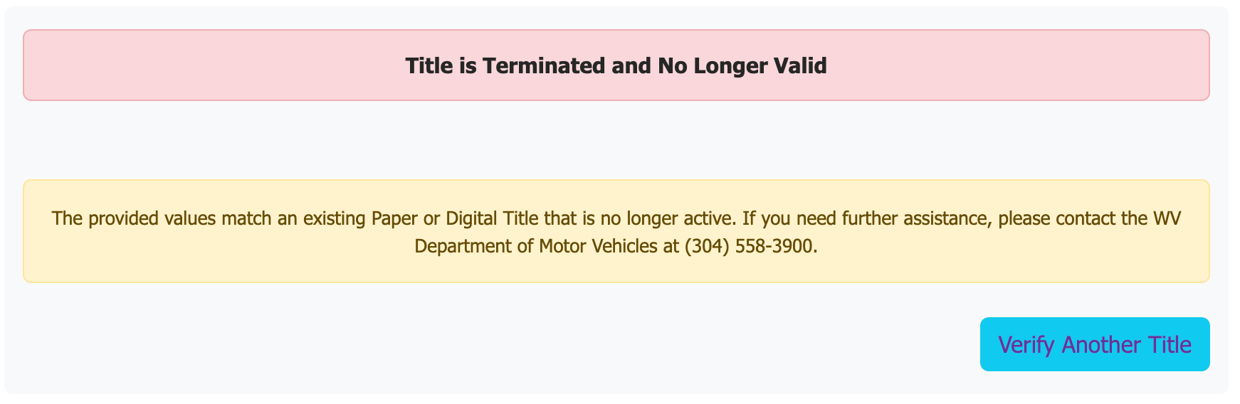 This screen confirms that the title has been terminated and is no longer valid.