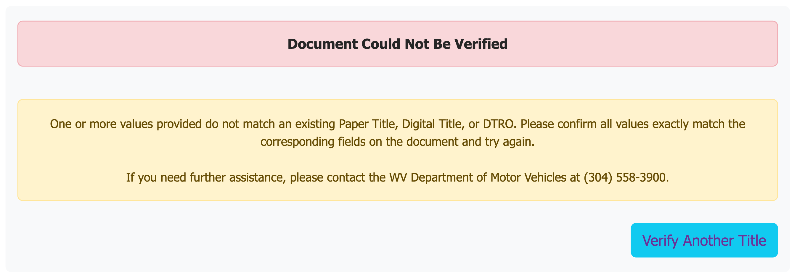 This screen shows the document was unable to be verified. This could be due to missing field information.