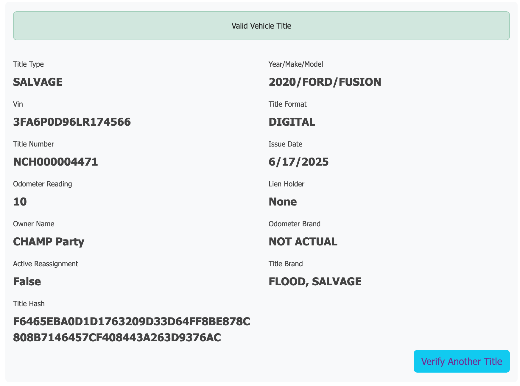 This valid vehicle title screen is displayed for an active record.