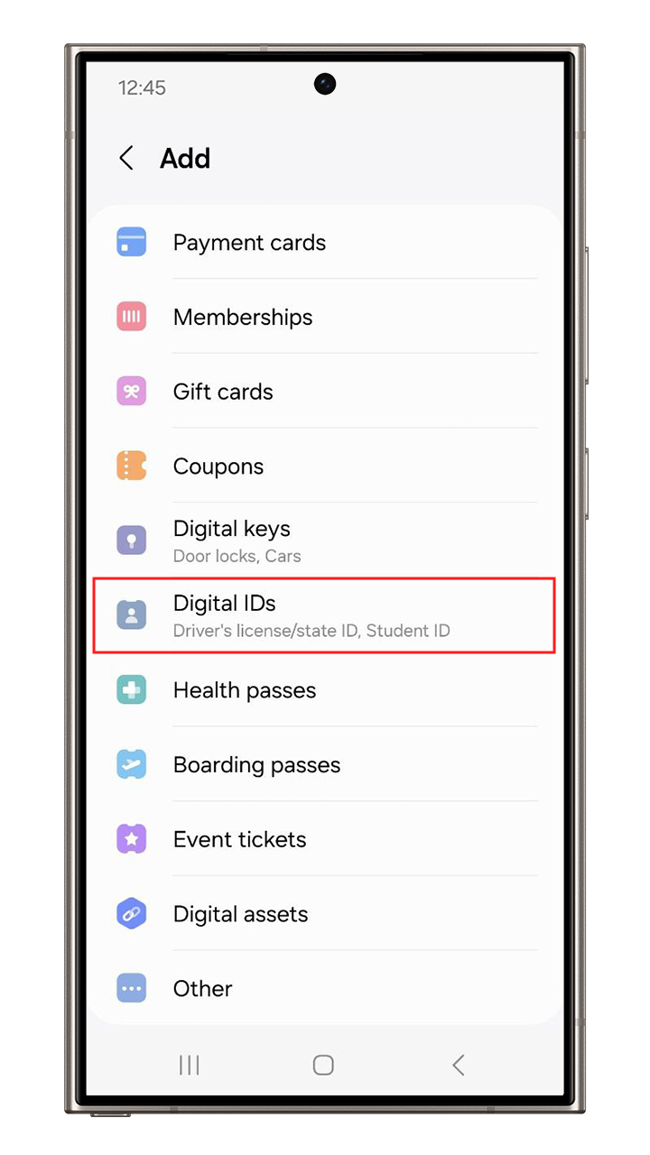 Digital IDs selection in the Samsung Wallet App