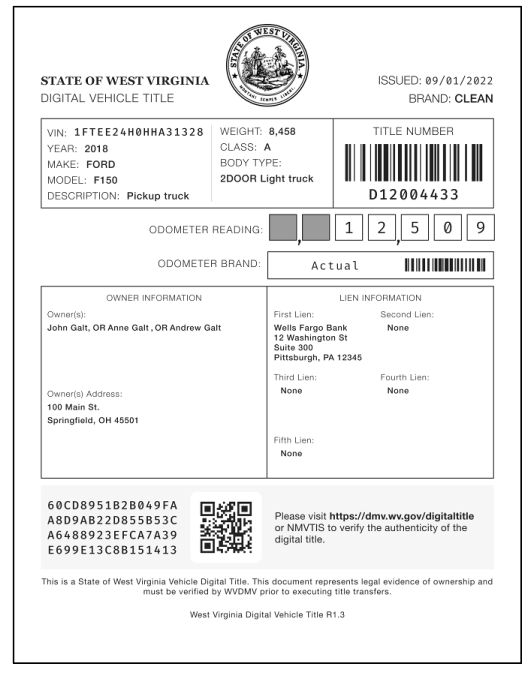 A sample State of West Virginia Digital Vehicle Title document showing vehicle specifications for a 2018 Ford F150, owner and lienholder details, odometer reading, and a QR code for digital verification.