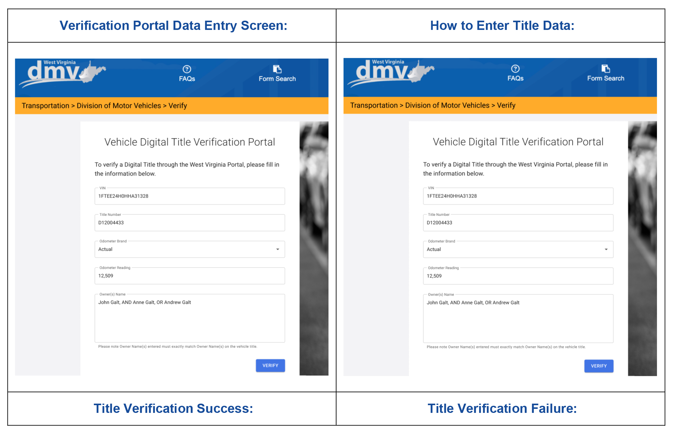 Side-by-side screenshots of the West Virginia DMV Vehicle Digital Title Verification Portal interface, demonstrating how to enter title details—such as VIN, Title Number, Odometer Reading, and Owner Name—to verify digital title authenticity