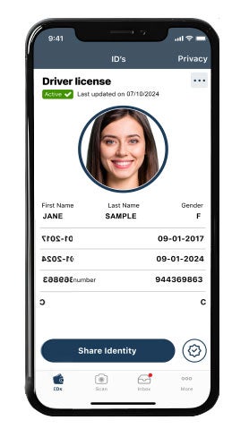 Smartphone screen displaying a digital driver license for Jane Sample with an 'Active' status.