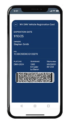 A smartphone displaying a digital West Virginia DMV Vehicle Registration Card on its screen. The blue digital card shows vehicle details for a 1982 Chrysler Le Baron, including the owner's name, expiration date, VIN, plate number, title number, and a scannable barcode at the bottom.