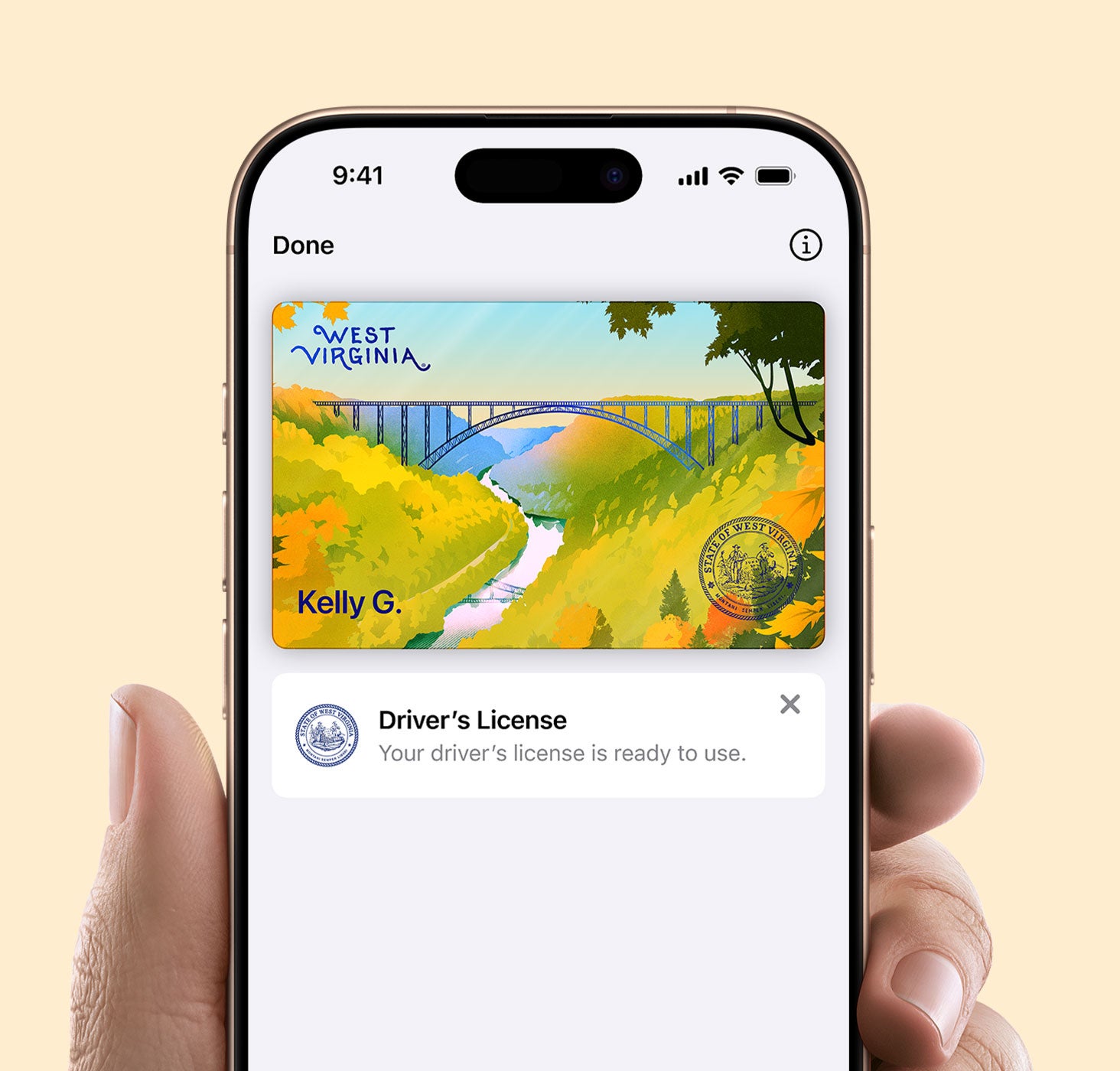 West Virginia driver's license displayed on iPhone.