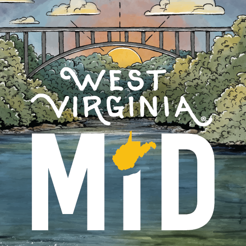 West Virginia Mobile ID logo featuring an illustrated landscape of the New River Gorge Bridge at sunset with white script reading 'WEST VIRGINIA' and large bold text reading 'MiD', where the lowercase 'i' is dotted with a yellow outline map of West Virginia